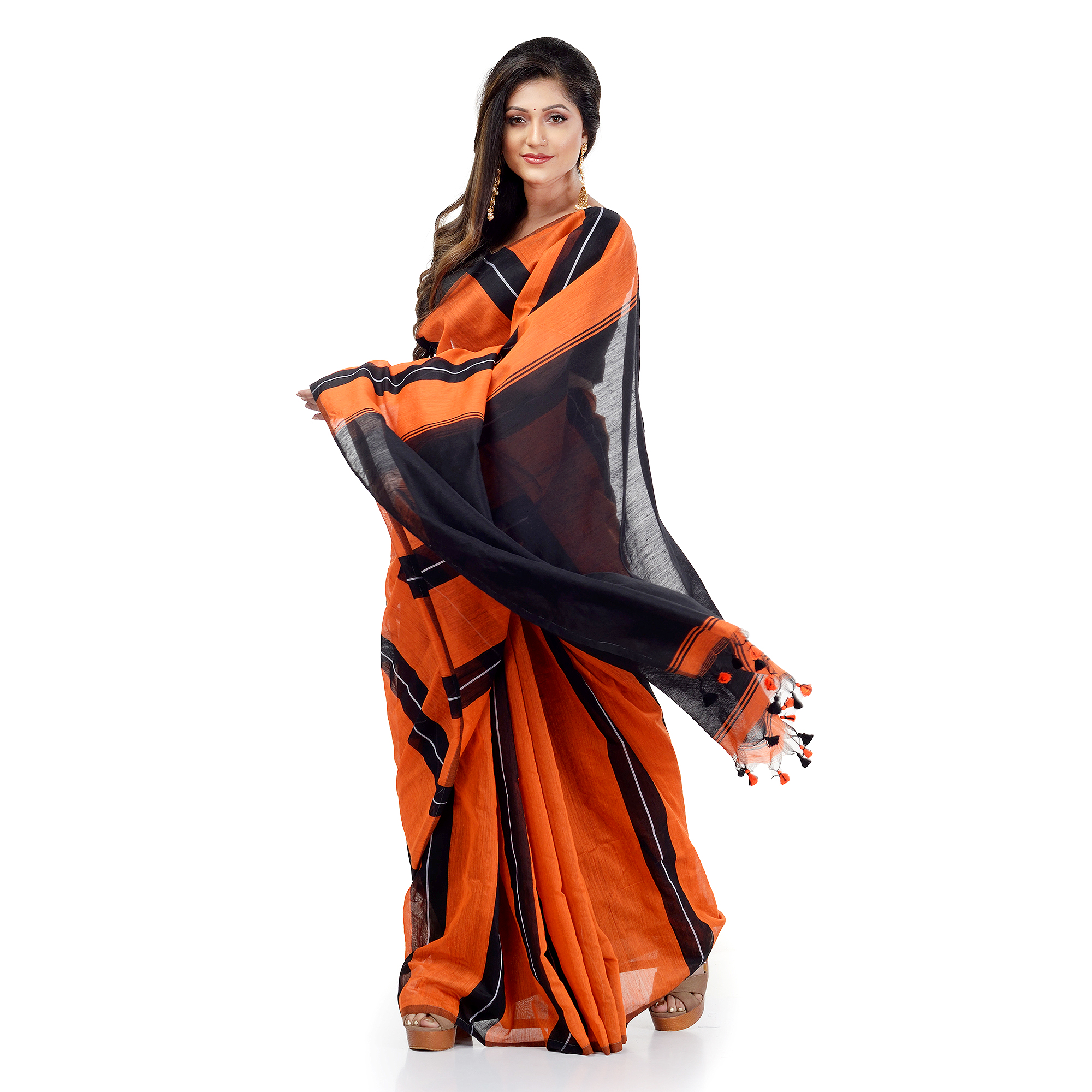 Bengal Handloom Cotton Silk Saree With Blouse Piece (Orange Black)